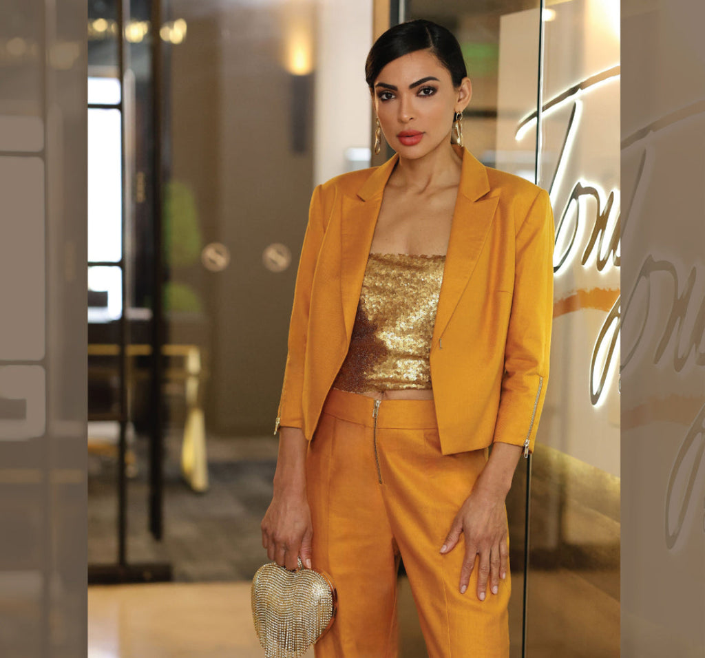 Cropped Lapel Jacket and Trouser Suit Yellow Gold "pre-order"