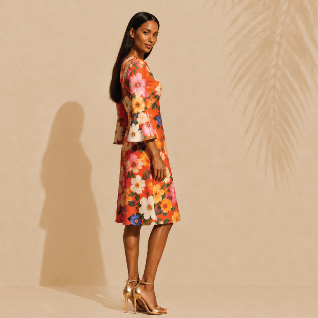 Italian Floral A-Line Dress (3/4 Sleeve)
