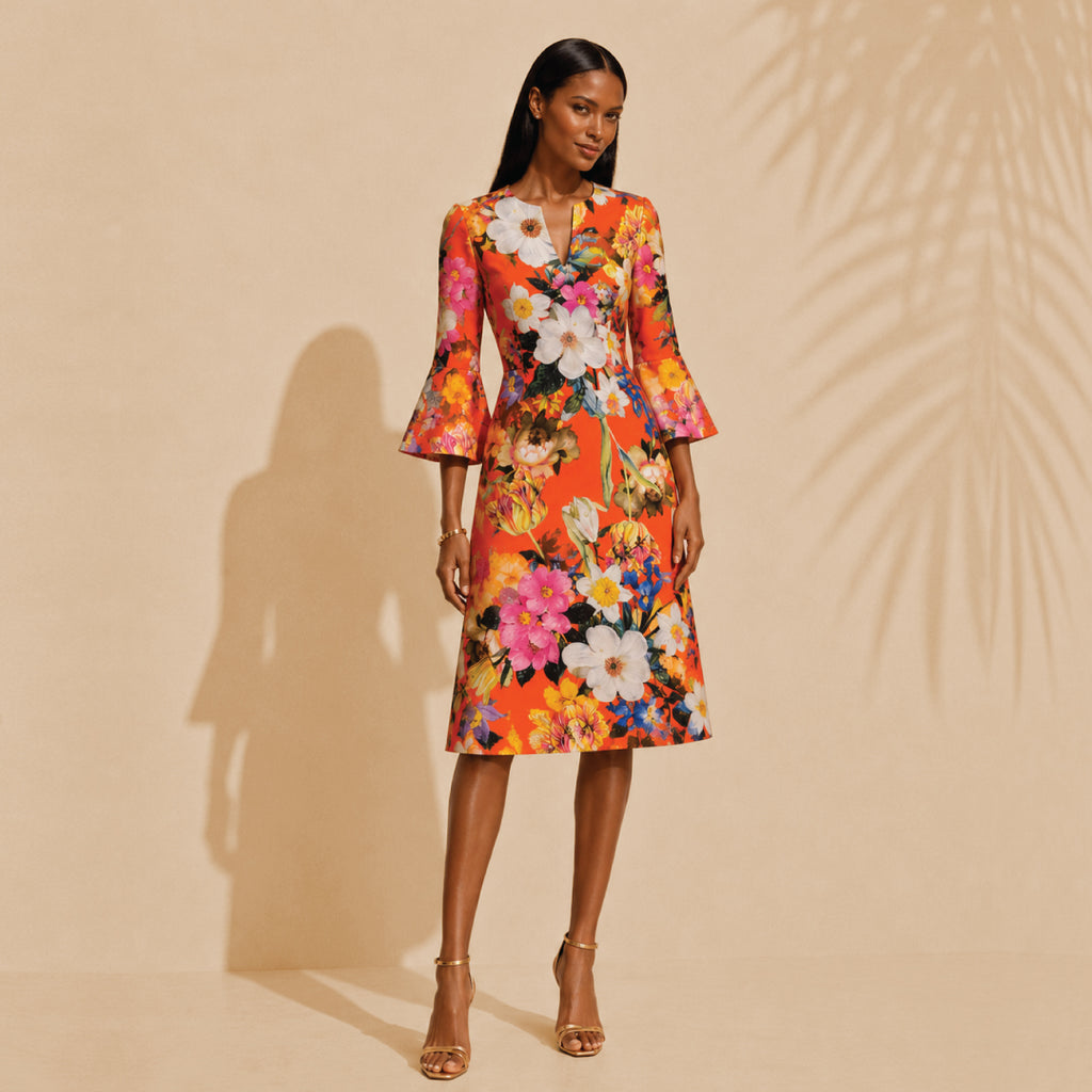 Italian Floral A-Line Dress (3/4 Sleeve)