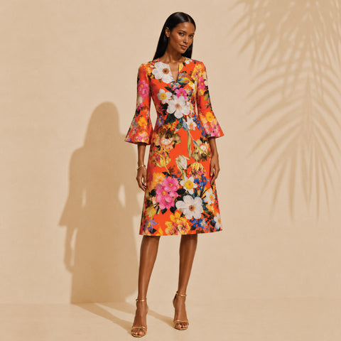 Italian Floral A-Line Dress (3/4 Sleeve)