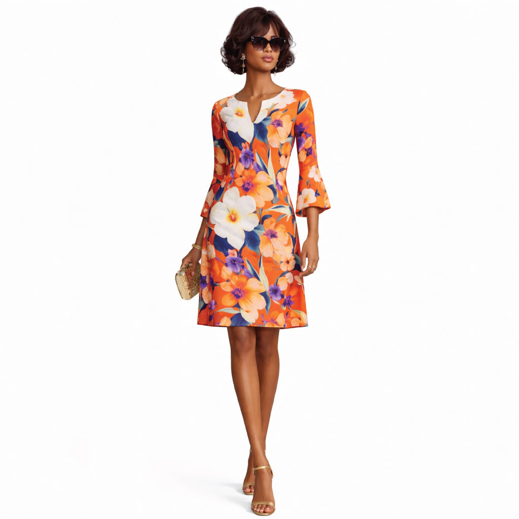 Italian Floral A-Line Dress (3/4 Sleeve)