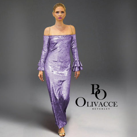 METALLIC OFF THE SOULDER LAVENDER MAXI GOWN